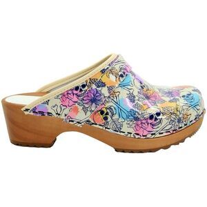 Bjork Bonita Wood Colorful Skulls Open Back Leather Clogs Size 38 (US 7- 7 1/2)